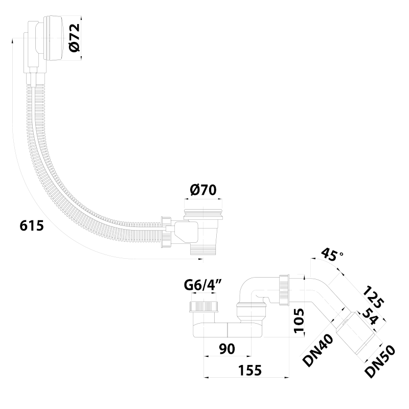 Vanová souprava, L-610mm, DN40/50, ABS/chrom 164.150.0