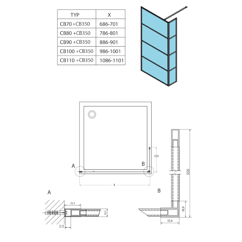 CURE BLACK sprchová zástěna 900mm, čiré sklo CB90