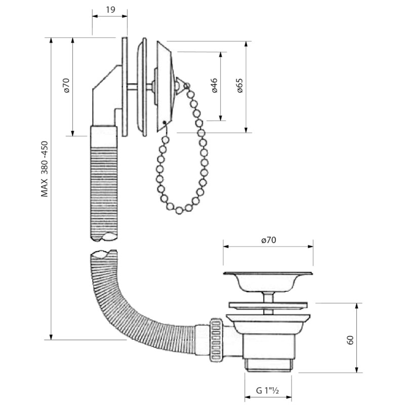 Vanová souprava se zátkou na řetízku, L-700mm, 6/4