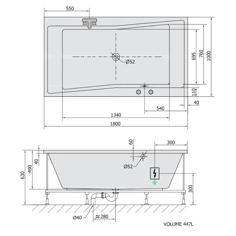 QUEST hydromasážní vana, 180x100x49cm, Active Hydro-Air, chrom 78511.2010