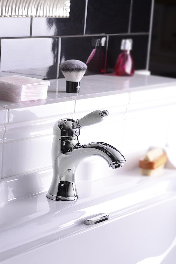 KIRKÉ WHITE stojánková umyvadlová baterie s výpustí, bílá páčka, chrom KI02BC