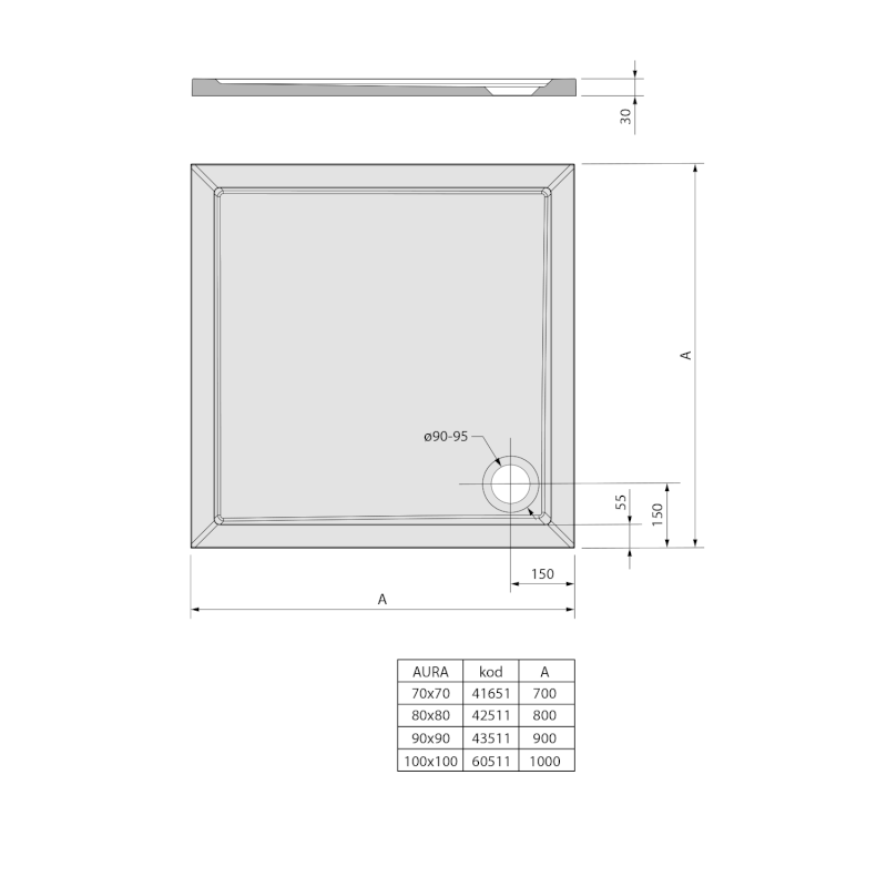 AURA sprchová vanička z litého mramoru, čtverec 90x90cm, bílá 43511