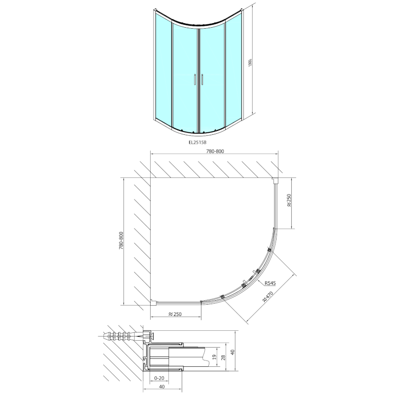 EASY BLACK čtvrtkruhová sprchová zástěna 800x800mm, L/R, čiré sklo EL2515B