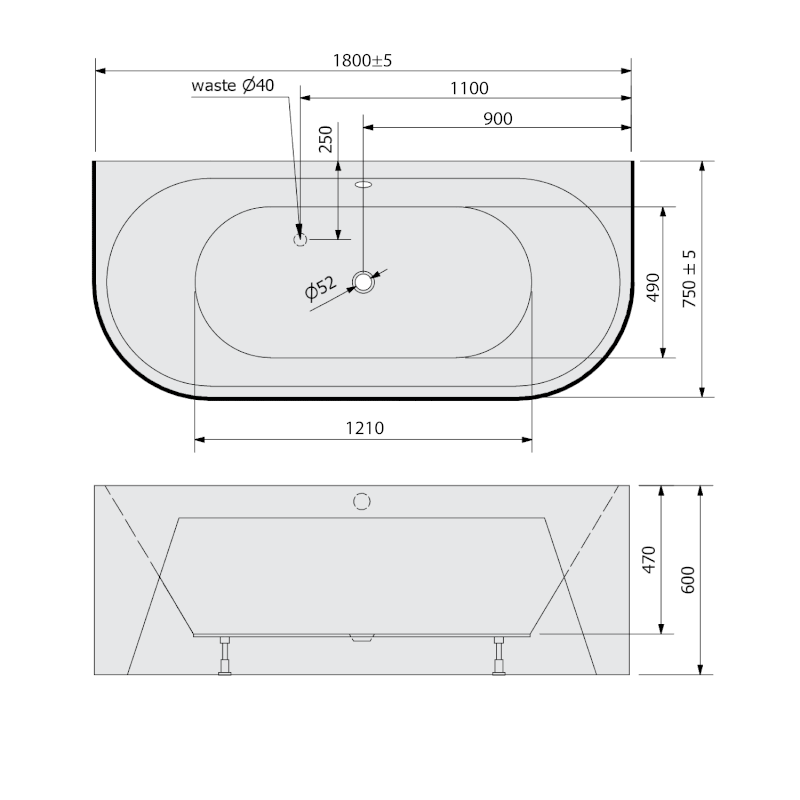 VIVA D MONOLITH nástěnná stojící vana 180x75x60cm, bílá 89139M