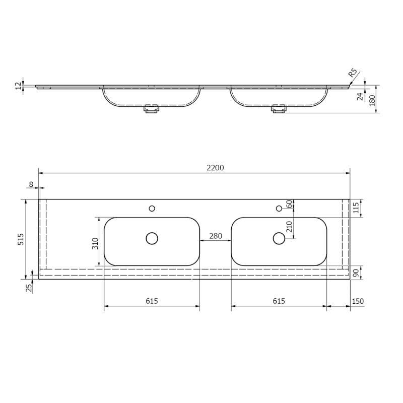 ARUBA dvojumyvadlo, Rockstone, 220x51,5cm, pravé, bílá mat AR220-B2R