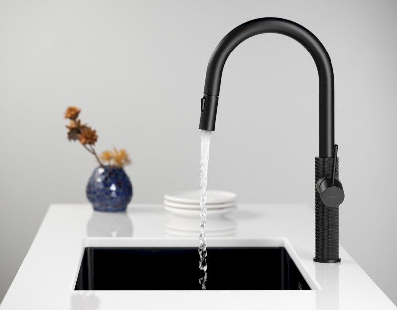 FLAWO stojánková dřezová baterie s výsuvnou sprškou, černá mat FR576B