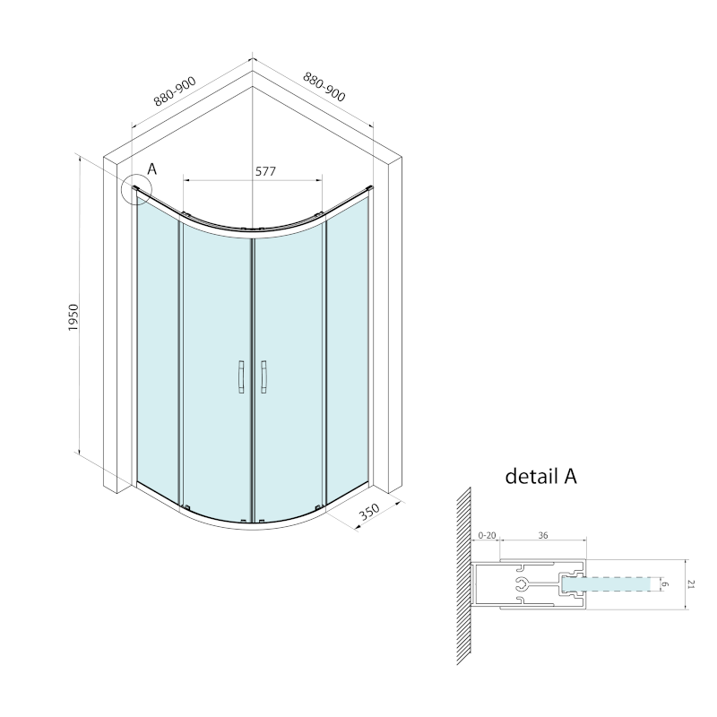 BORG čtvrtkruhová sprchová zástěna 900x900x1950 mm, R550, čiré sklo 751.090.1