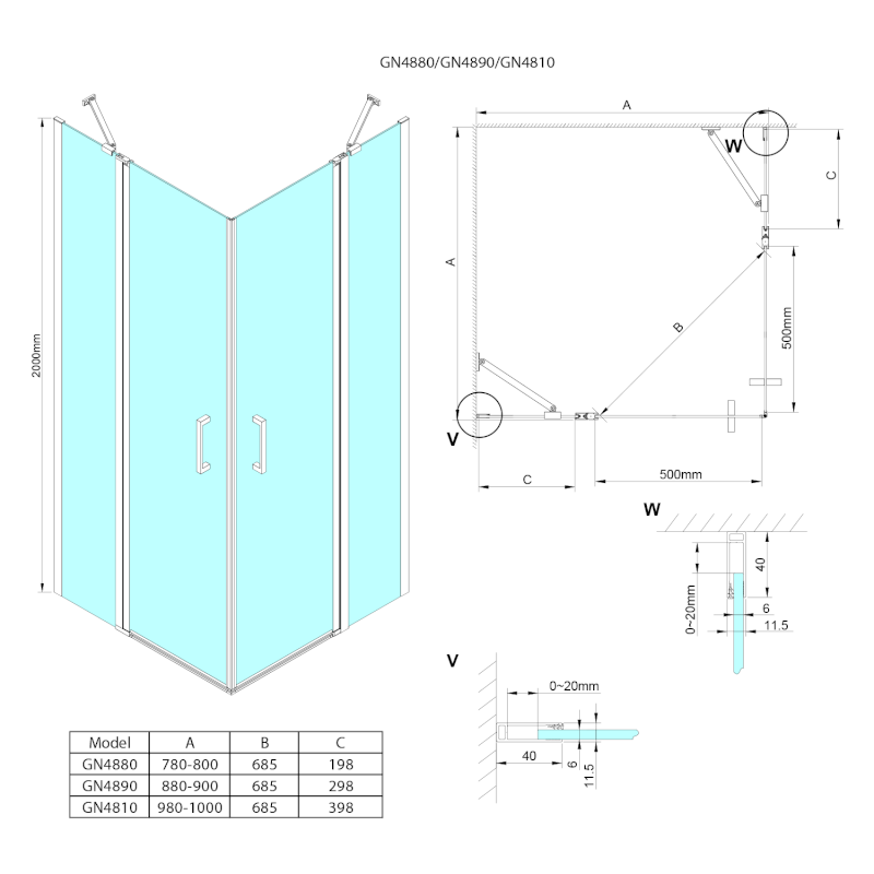 LORO sprchové dveře pro rohový vstup 1000mm, čiré sklo GN4810