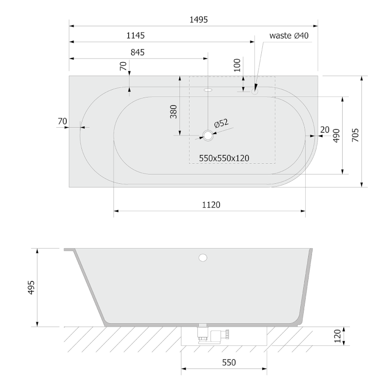 SUSSI L rohová stojící vana, litý mramor 150x70x49,5cm, bílá 93231L