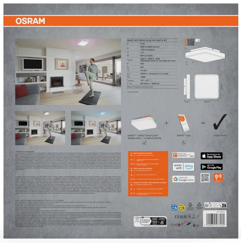 ORBIS BACKLIGHT stropní svítidlo, 350x350mm, WIFI RGB+stmívatelné, OSRAM, 2800lm, 28W, IP20, bílá AC314090255