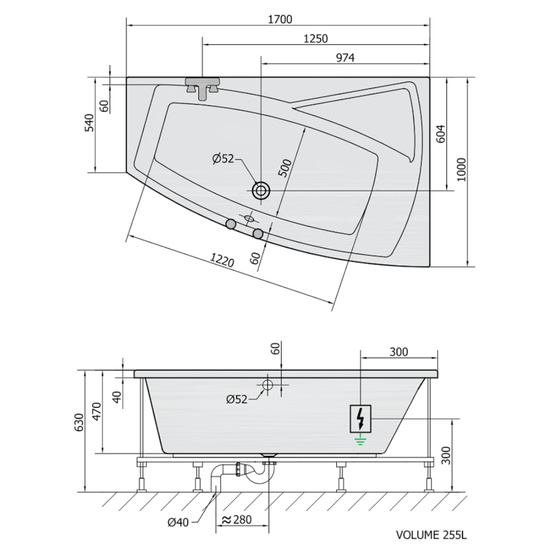 EVIA R hydromasážní vana, 170x100x47cm, Active Hydro, chrom 22611.1010