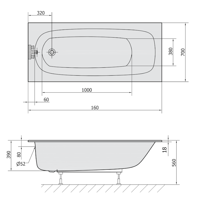 LAURA SLIM obdélníková vana 160x70x39cm, bílá 24611S