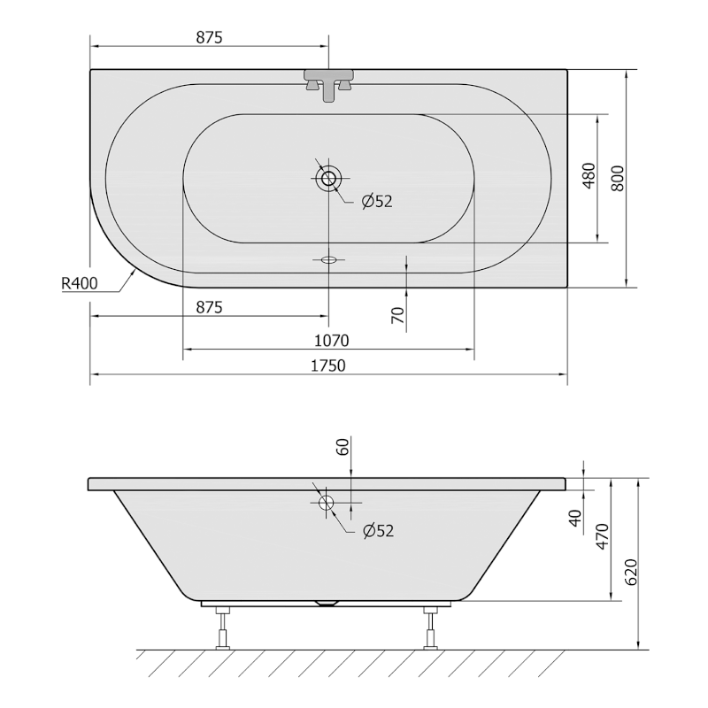 VIVA R asymetrická vana 175x80x47cm, bílá mat 78119.11