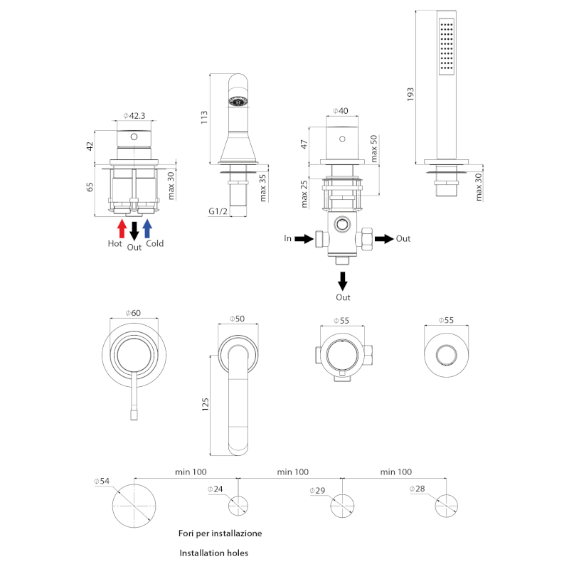 BLUE čtyřprvková baterie na okraj vany, chrom BUTECH4