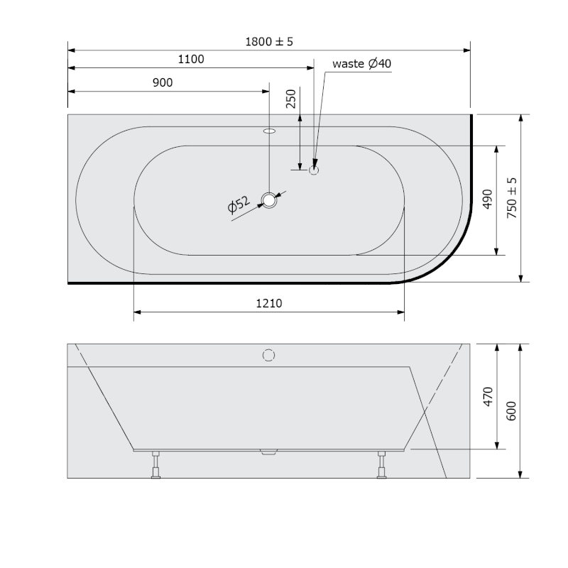 VIVA L MONOLITH asymetrická vana 180x75x60cm, šedá 72099M.30