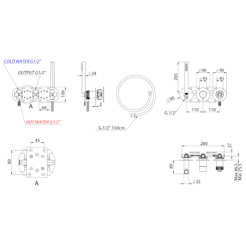 VERSI podomítková sprchová/vanová baterie s ruční sprchou, 2 výstupy, chrom RV052