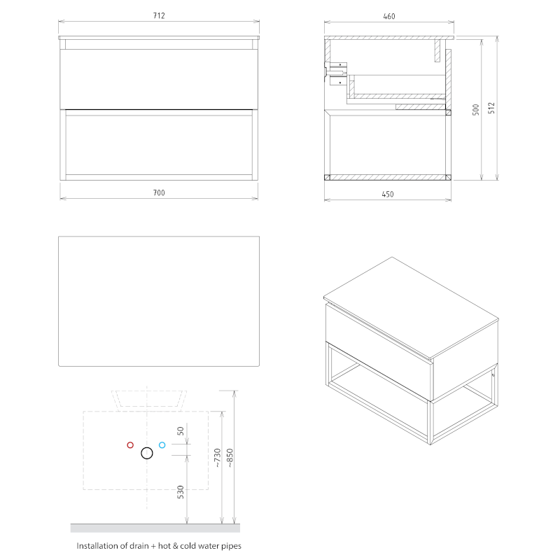 SKARA umyvadlová skříňka 70x50x45cm, černá mat/dub alabama CG005-2222