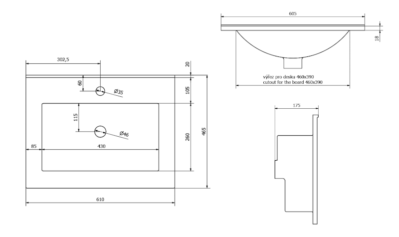 SLIM keramické umyvadlo, nábytkové, 60x46,5cm, bílá 1601-60
