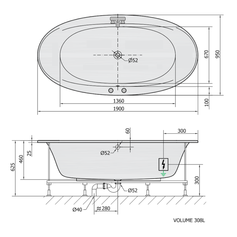 STADIUM hydromasážní vana, 190x95x46cm, Attraction Hydro, chrom 82111.3010