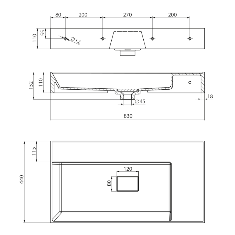 GODIVA umyvadlo, litý mramor, 83x44cm, bez otvoru, bílá GU083L-0
