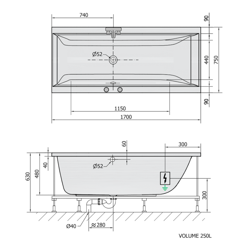 CLEO hydromasážní vana, 170x75x48cm, Highline Hydro, chrom 94611.5010