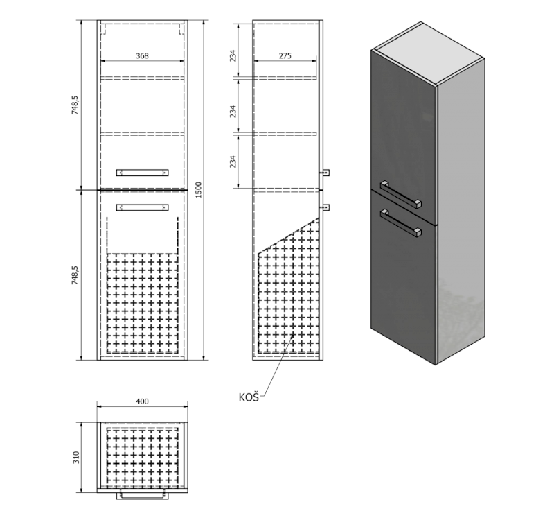 VEGA skříňka vysoká s košem, 40x150x31cm, dub platin VG960
