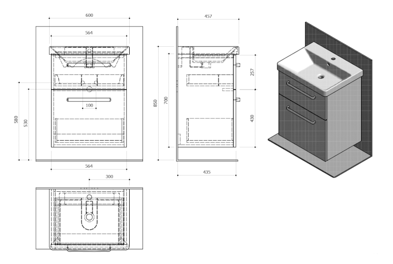 THEIA umyvadlová skříňka 56,4x70x44,2cm, 2xzásuvka, borovice rustik TH060-1616