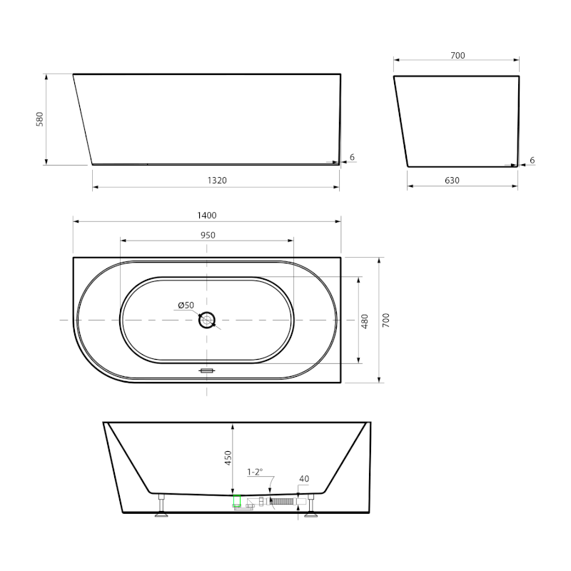 TIBERA R rohová stojící vana, 140x70cm, bílá E1055