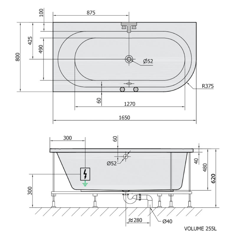 ASTRA L hydromasážní vana, 165x80x48cm, Attraction Hydro-Air, chrom 33611.4010