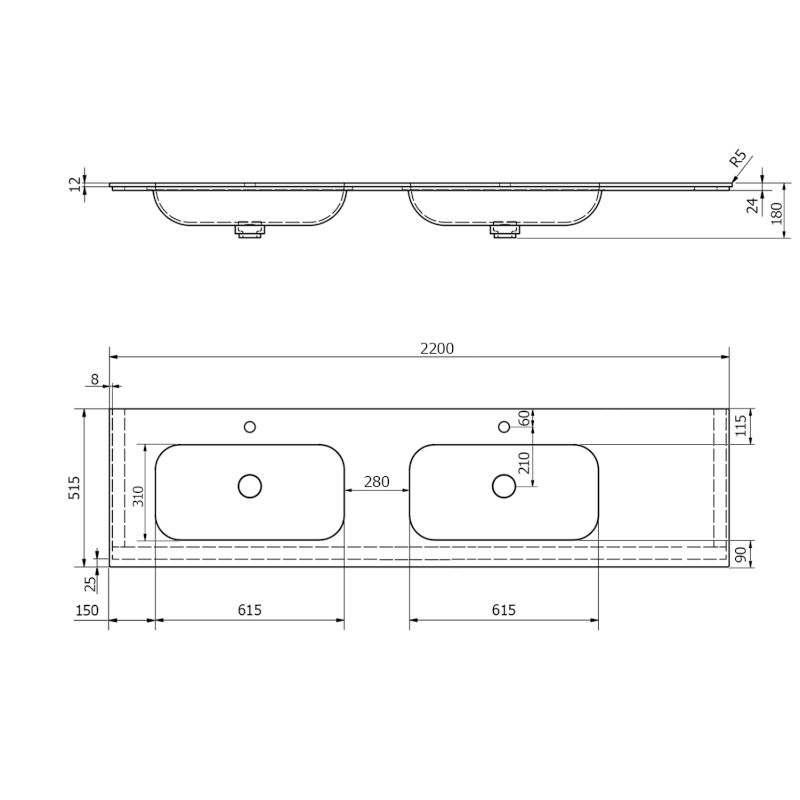 ARUBA dvojumyvadlo, Rockstone, 220x51,5cm, levé, bílá mat AR220-B2L