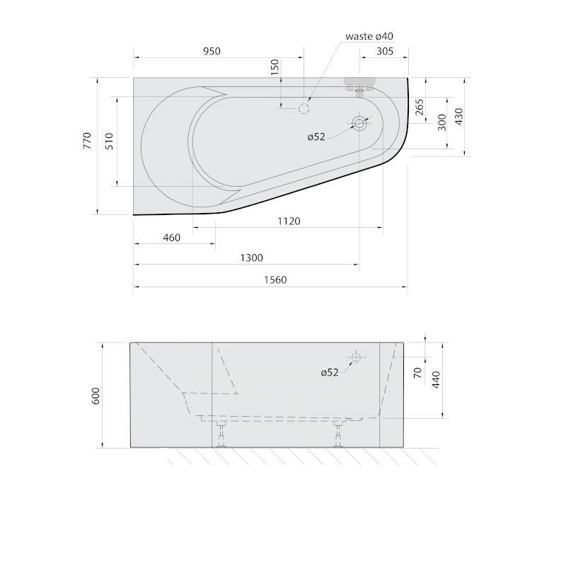 PROJEKTA L MONOLITH asymetrická stojící vana 156x77x60cm, bílá 20111M