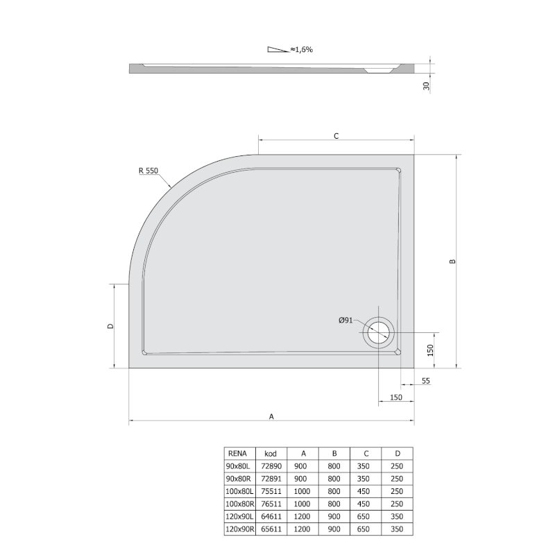 RENA L sprchová vanička z litého mramoru, čtvrtkruh 90x80cm, R550, levá, bílá 72890