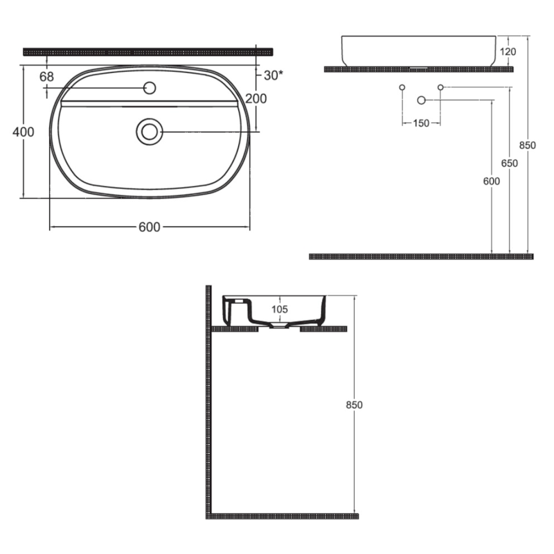SINTESI keramické umyvadlo na desku, 60x40cm, bílá 10SI65060