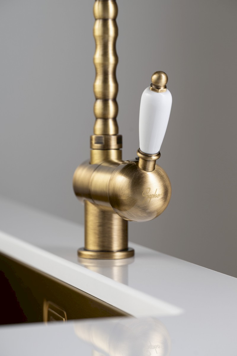 KIRKÉ WHITE stojánková dřezová baterie, bílá páčka, bronz KI14BB