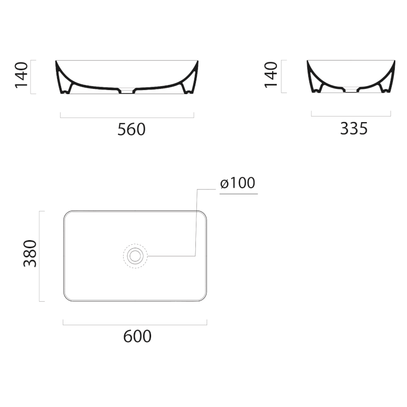 NUBES keramické umyvadlo na desku 60x38cm, černá mat 903626