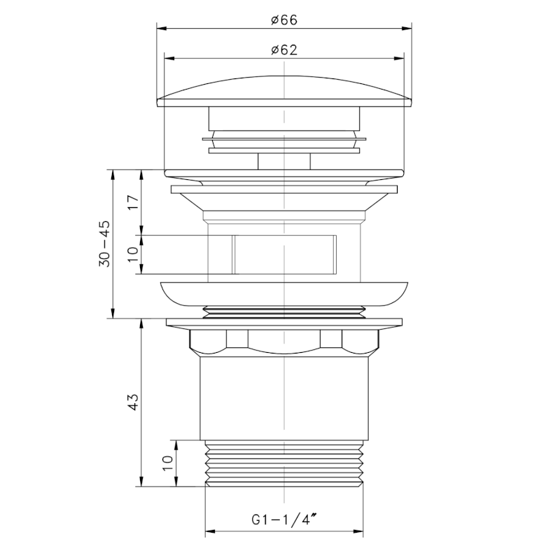 Umyvadlová výpust 5/4“, click-clack, velká zátka, 30-45mm, chrom TF7001