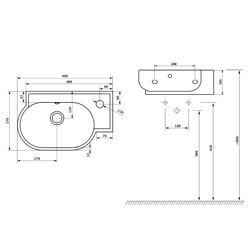 YUMO keramické umývátko rohové 45x28cm, bílá 3045