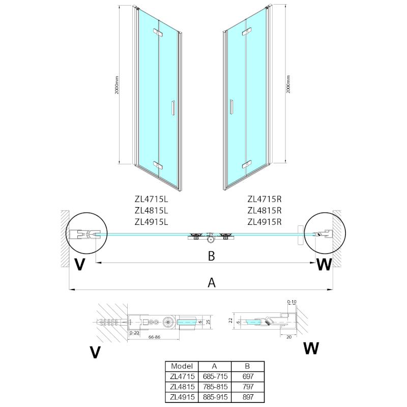 ZOOM sprchové dveře skládací 800mm, čiré sklo, pravé ZL4815R