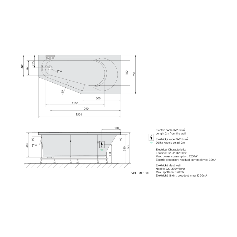 TIGRA R hydromasážní vana, 150x75x46cm, Active Hydro, chrom 72933.1010