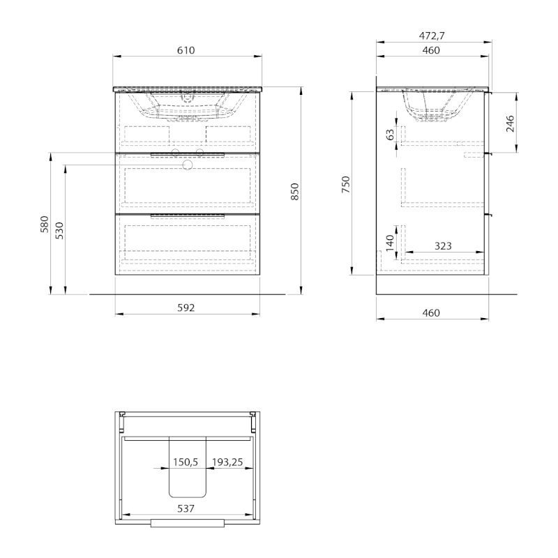 CIRASA umyvadlová skříňka 59,2x75x46cm, 3x zásuvka, dub Alabama CR631-2222