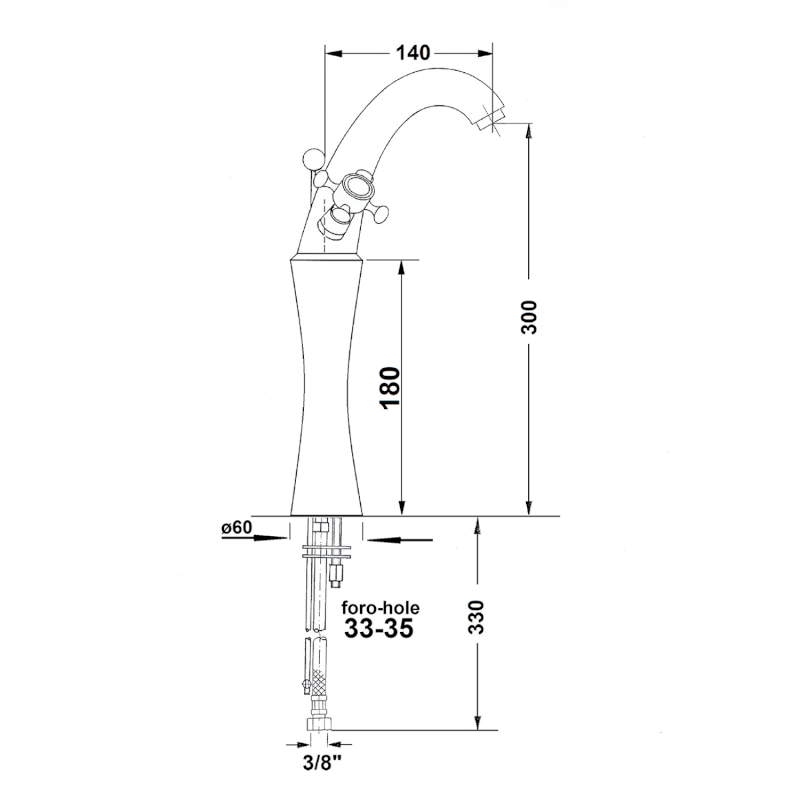 ANTEA stojánková umyvadlová baterie vysoká s výpustí, výška 300mm, zlato 3275L
