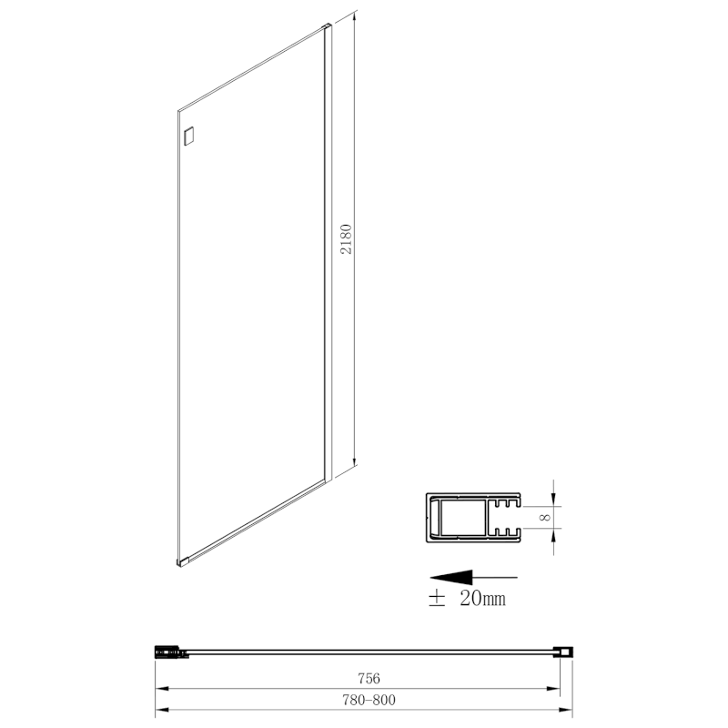 VOLCANO BLACK boční stěna 800 mm, čiré sklo GV3480