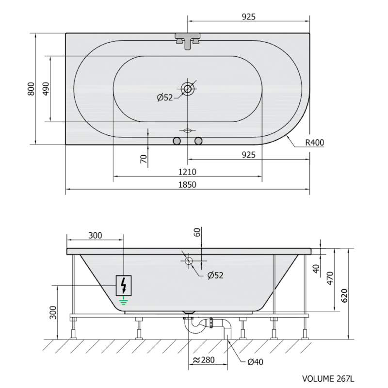 VIVA L hydromasážní vana, 185x80x47cm, Attraction Hydro-Air, chrom 72099.4010