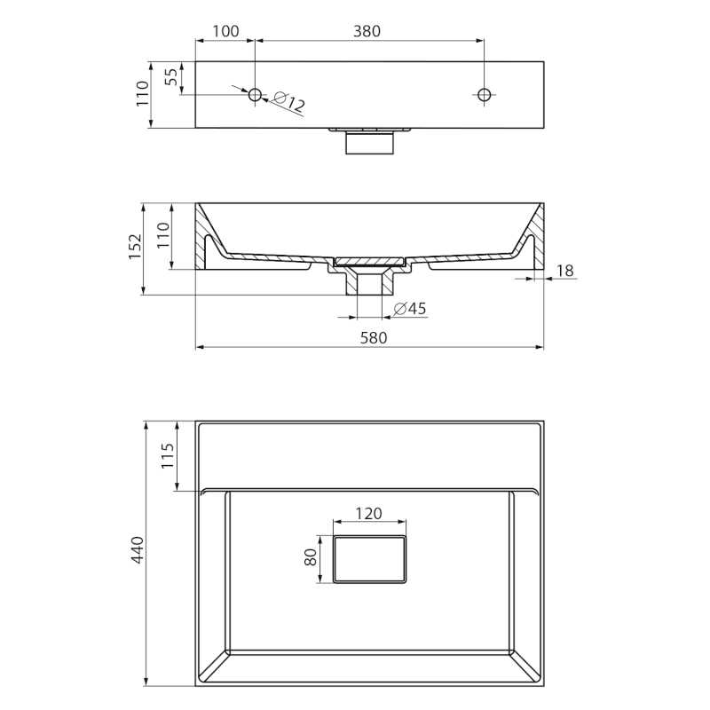 GODIVA umyvadlo, litý mramor, 58x44cm, bez otvoru, bílá GU058-0
