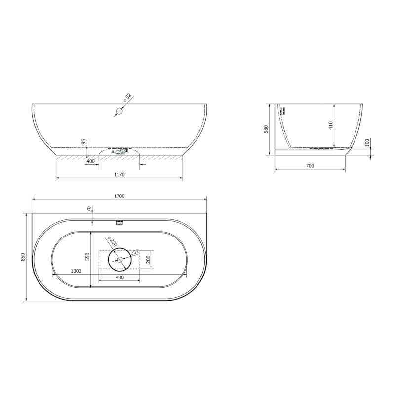 PAGODA nástěnná vana litý mramor 170x85x58cm, šedá mat 72976.31