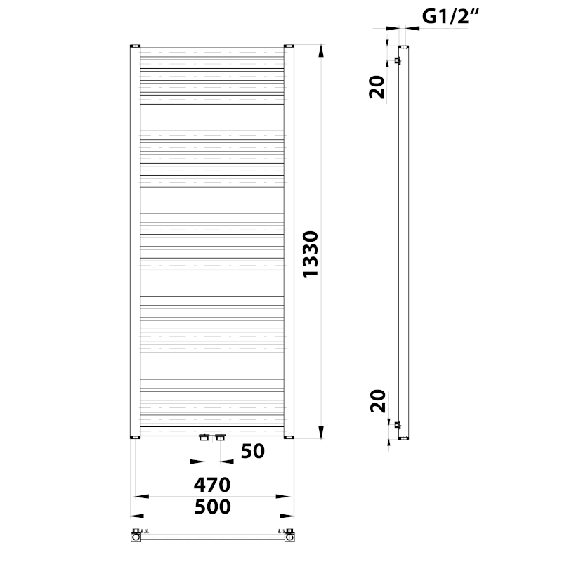 GRUNT otopné těleso rovné 500x1330 mm, středové připojení, bílá 600.122.4