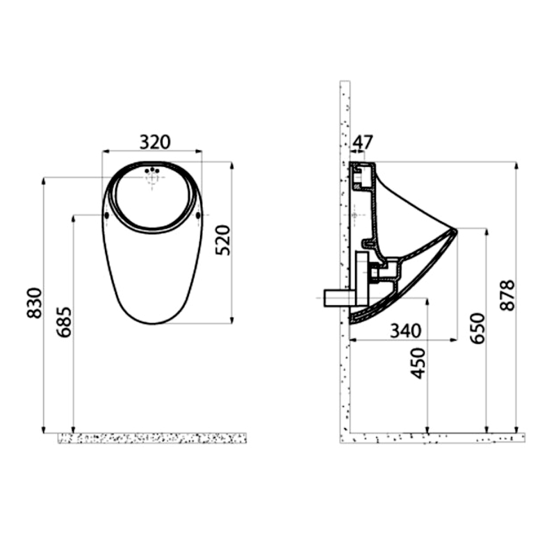 Urinál se zakrytým přívodem vody, Rimless, 32x52cm TP635