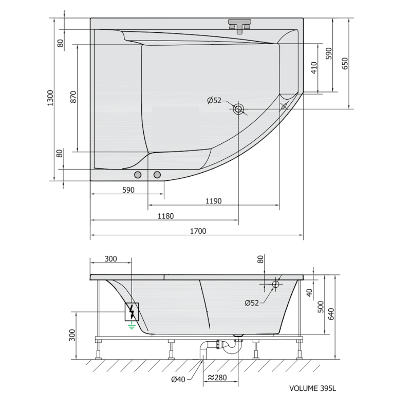 TANDEM L hydromasážní vana, 170x130x50cm, Active Hydro-Air, chrom 96611.2010