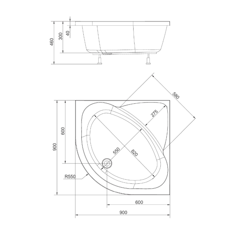SELMA hluboká sprchová vanička, čtvrtkruh 90x90x30cm, R550, bílá 28611