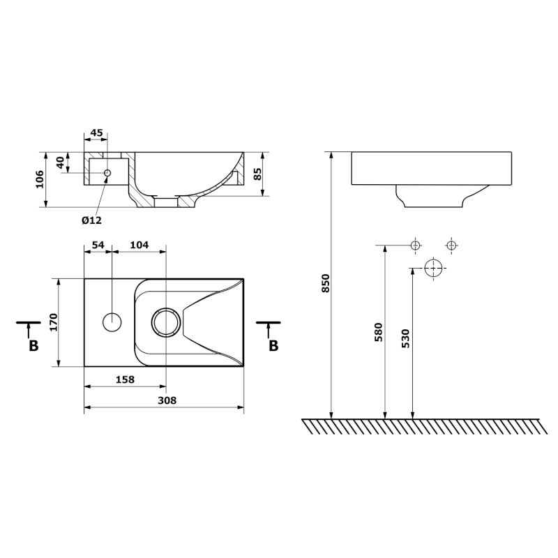 PICCOLINO betonové umývátko 30,8x17cm, baterie vlevo, růžová mat PK30021